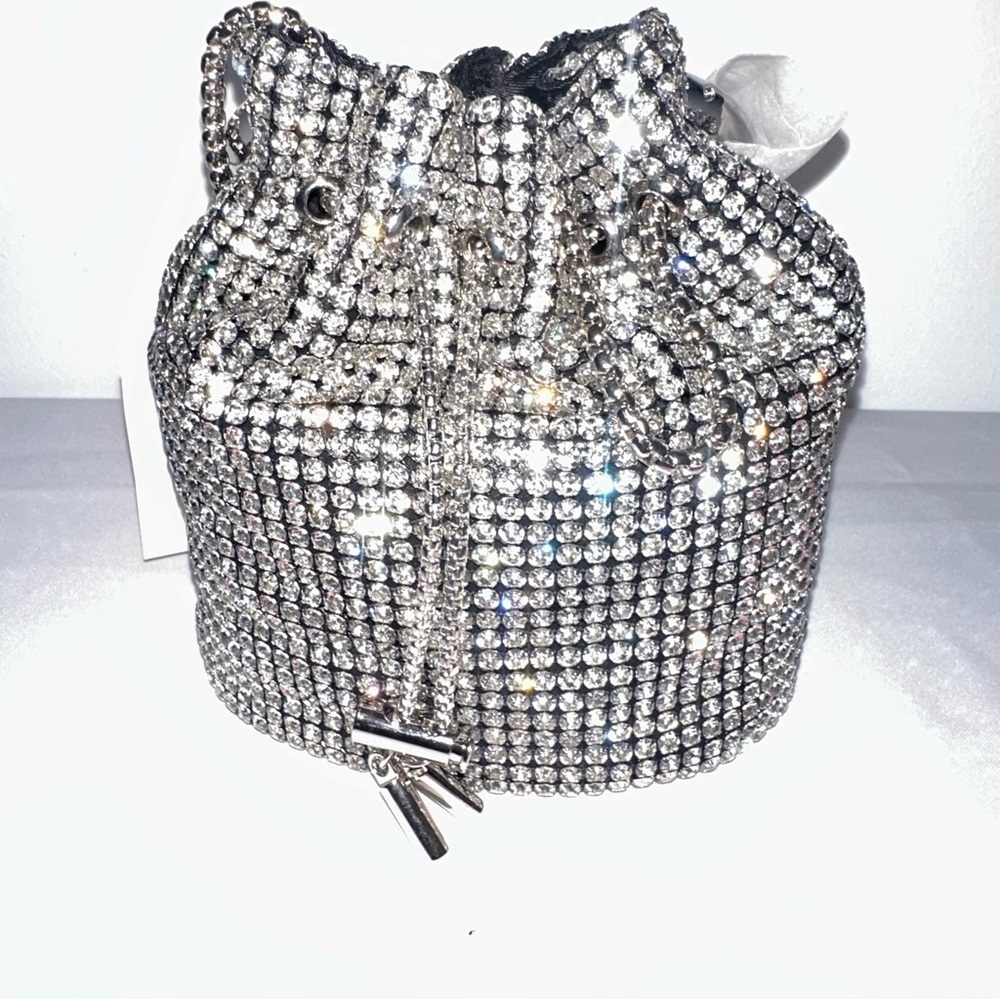 Clear Rhinestone Swing Handle Drawstring Tassel Closure Bucket Bag - Picture 8 of 11